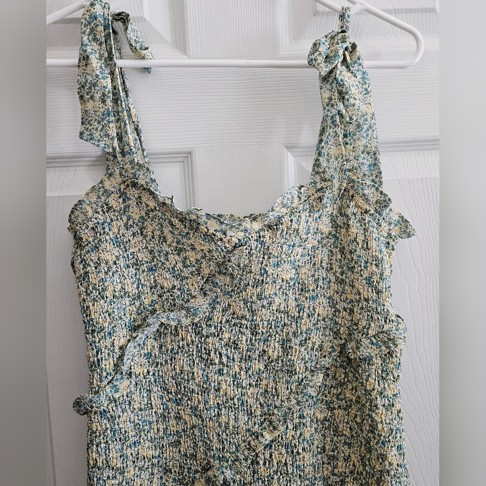 Aster The Label Medium Sundress Green Yellow Smocked Ruffle Tie Gypsy